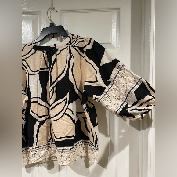 Rachel Zoe Linen Blouse Top Women 1X Black Cream Oversized Puff Sleeve - Picture 9 of 12